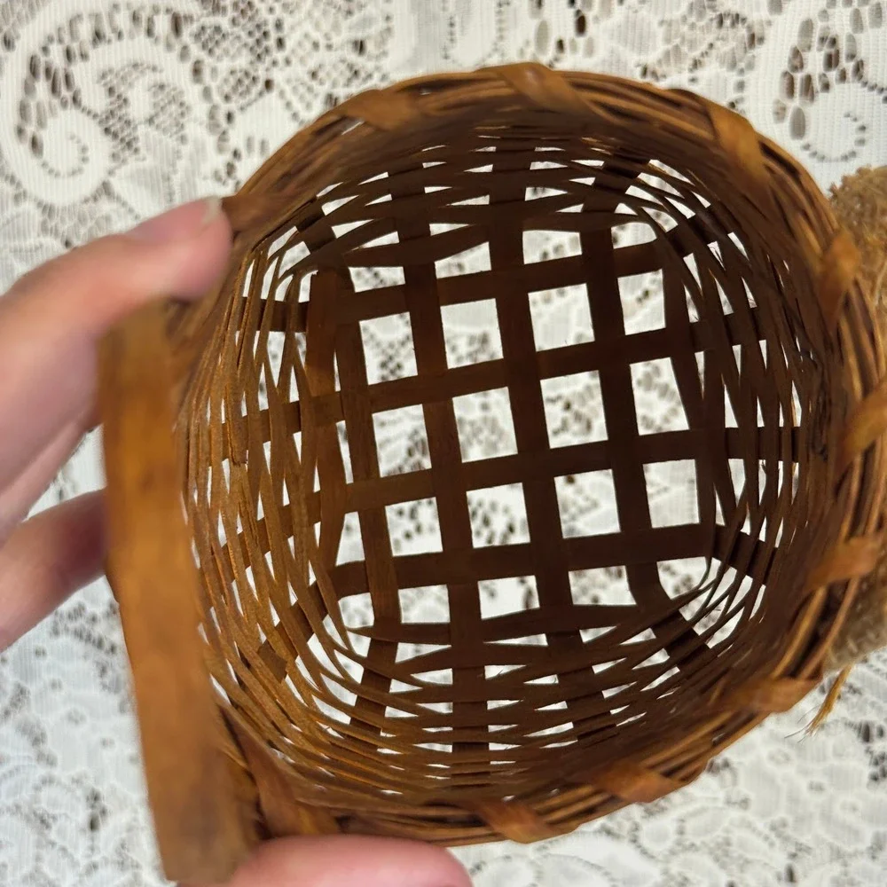 Rustic Brown Woven Wood Splint Hanging Basket with Burlap Bow & Bells Primitive